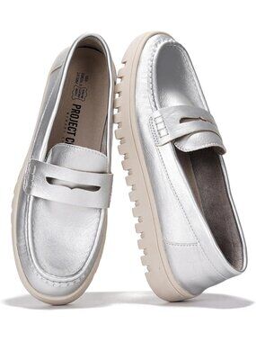 Women's Silver Leather Casual Comfortable Cushioned Slip-on Loafers Flats Shoes